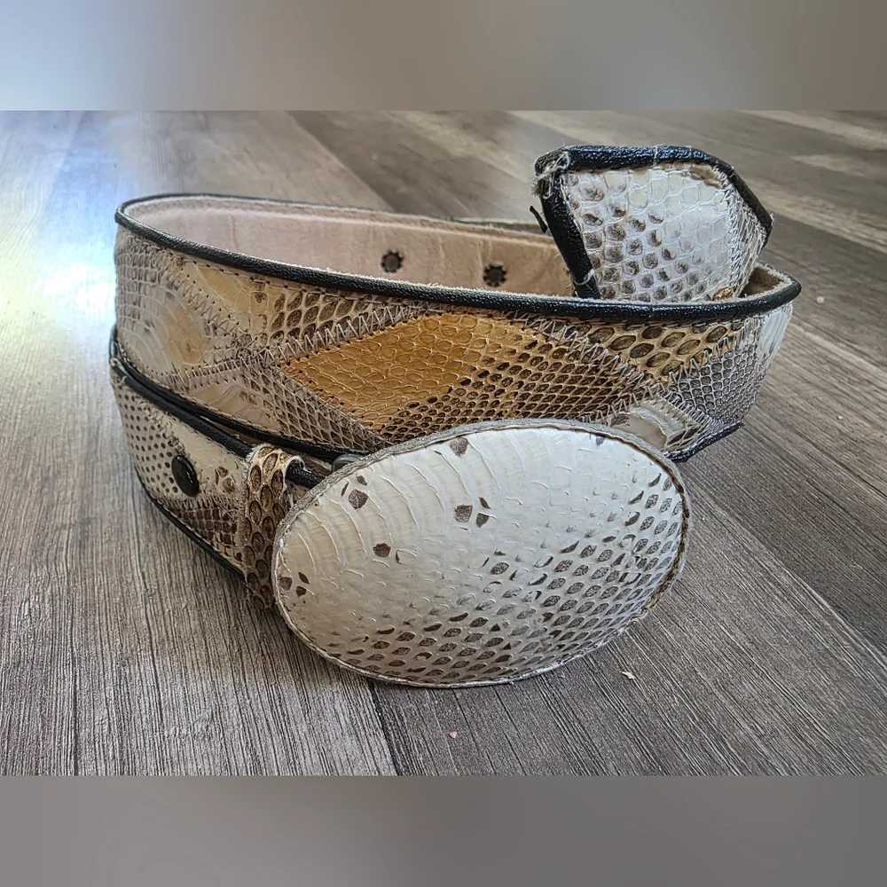 Artisan White and Brown Snakeskin Leather Belt with Oval Buckle
